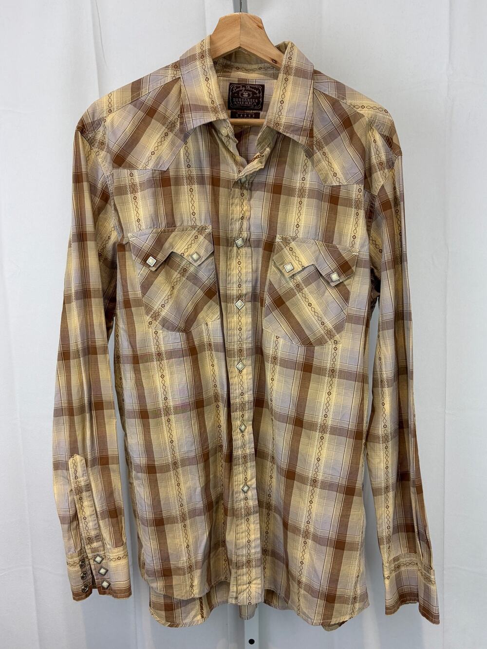 LUCKY BRAND Plaid Pearl Snap Western Shirt Long Sleeve Tan Brown Size L